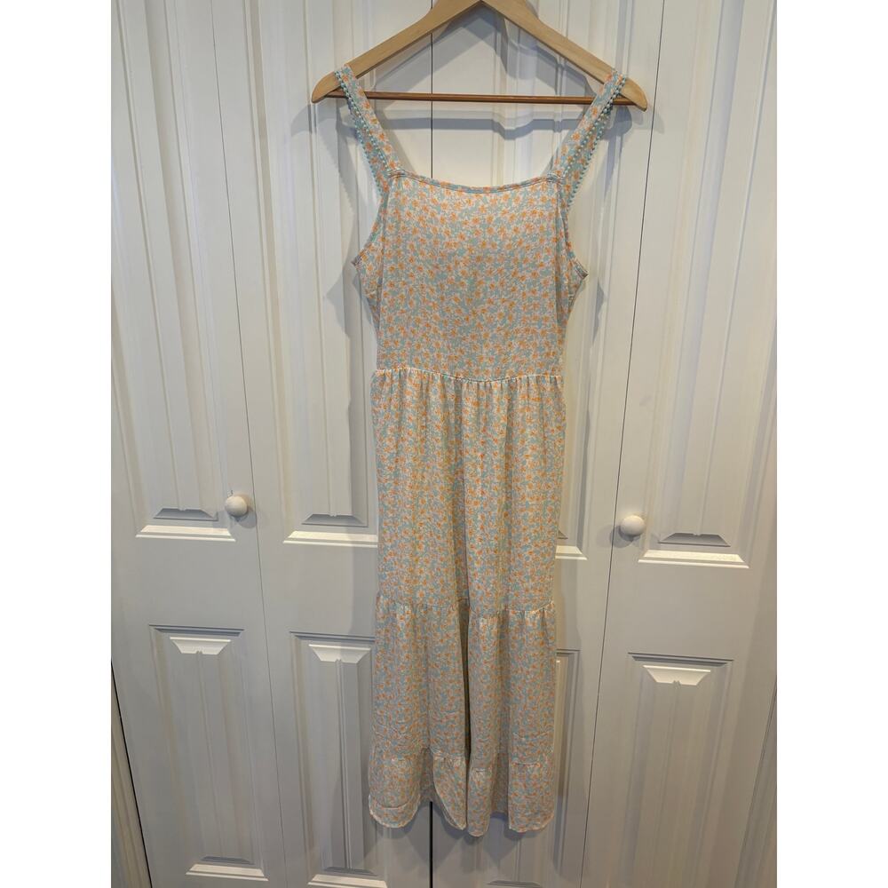 Sienna Sky Blue And Orange Floral Midi Dress Size Medium